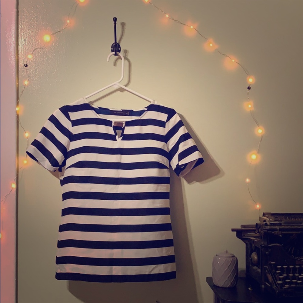 Navy Blue & White Striped shirt.